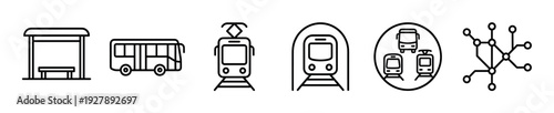 Public transport line icon set featuring a bus stop, city bus, tram, underground metro train, transportation hub, and a subway map in a simple outline illustration