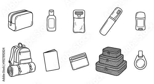 Collection of black and white travel essentials including a backpack, packing cubes, and toiletries in a hand-drawn doodle style for vacation and adventure planning