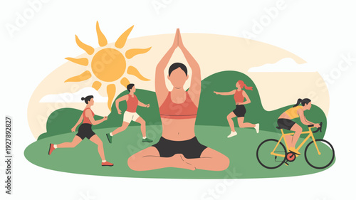 Group of people practicing yoga and exercising outdoors in a serene natural setting with a bright sun
