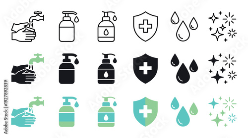 Hygiene and cleanliness icon set collection showing hand washing, soap dispenser, protection shield, and sparkles in outline, glyph, and color vector styles