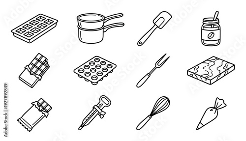 Set of chocolate making equipment icons in a simple black and white line art style showing various chocolatier tools and ingredients for confectionery and patisserie