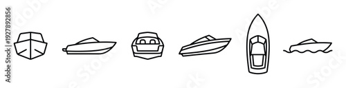 Set of six motorboat line icons shows various speedboats from different perspectives including front, side, and top-down views in a minimalist graphic style