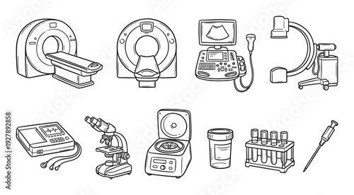 Hand-drawn medical diagnostic equipment collection featuring MRI, ultrasound, ECG, microscope, and laboratory tools in a simple black line art doodle sketch style