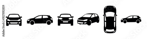 Collection of black car silhouettes showing different vehicle views including front, side, three-quarter, and top-down perspectives in a minimalist iconographic style