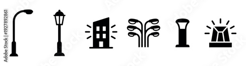Set of black street light icons featuring various urban lighting elements in a minimalist glyph style, including a classic lamppost, modern lamp, and emergency siren