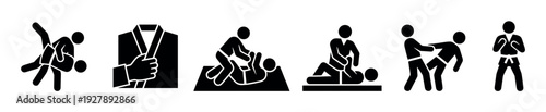 Set of black martial arts icons showing various combat sport techniques like grappling, throwing, pinning, and self-defense moves in a simple pictogram style
