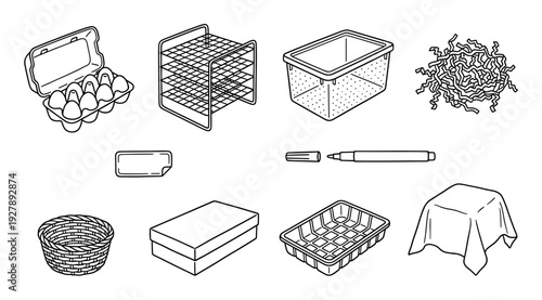 Set of hand-drawn household and food objects in a minimalist black outline style, featuring an egg carton, wire rack, plastic bin, wicker basket, marker, and noodles