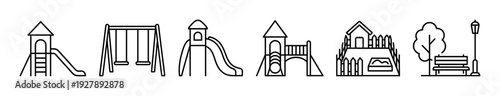 Set of black line art playground icons featuring a slide, swing, sandbox, and park bench in a minimalist vector illustration style for kids' recreation concepts