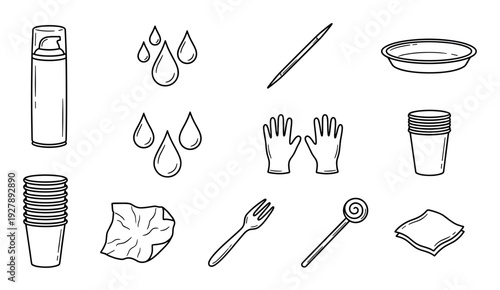 Collection of black and white line art icons featuring disposable items like cups, plates, gloves, and a fork, alongside a dispenser, water drops, and a lollipop doodle