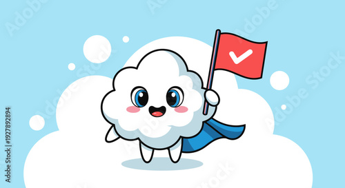 Adorable cartoon cloud character with a red flag and blue cape.