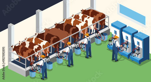 Cows on Milking Machines in Dairy Farm.