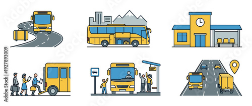 Bus travel and public transportation icon set showing various scenes like a station, passengers boarding, waiting at a stop, and driving on a highway in a flat line art style
