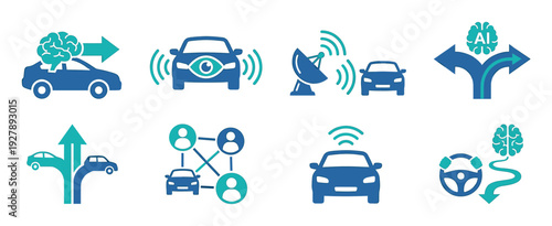 Set of blue and teal icons illustrating concepts of autonomous driving, including artificial intelligence, vehicle sensors, connectivity, and smart navigation technology
