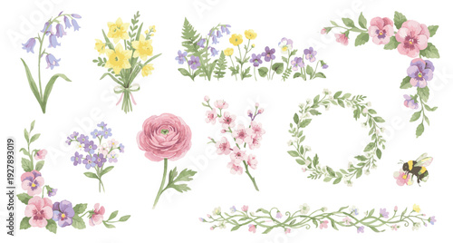 Watercolor floral set with pansy borders, ranunculus, wreath, wildflower bouquets and branches. Collection of Vector illustrations. Perfect for invitation, card, poster, banner, decoration
