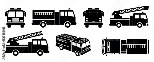 Collection of black fire truck icons showing various emergency vehicles from different perspectives including front, side, top, and isometric views in a simple graphic silhouette style