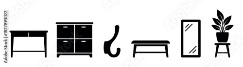 Set of black hallway furniture icons including a table, shoe cabinet, hook, bench, mirror, and plant, presented as a minimalist glyph collection for interior design concepts