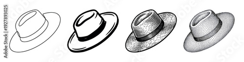 Four classic fedora hat illustrations in different artistic styles, including simple line art, bold graphic fill, vintage engraving, and detailed stippling