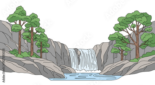 Waterfall Landscape with Trees and Rocks.