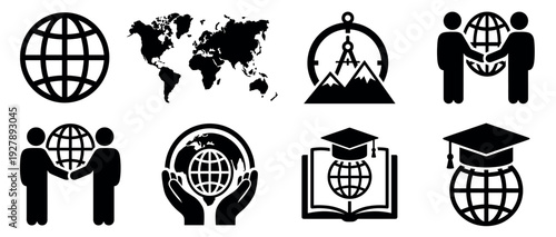 Set of eight black glyph icons representing global concepts like world maps, education, travel, and international partnership, designed in a clean and minimalist vector style
