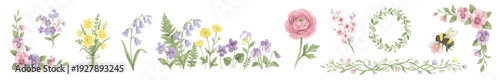 Hand painted spring flowers with pansies, forget me not, blossom, garlands and wreath. Collection of Vector illustrations. Perfect for invitation, card, poster, banner, decoration
