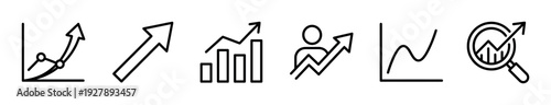 Set of black line icons representing business growth, financial success, and data analysis with various charts, graphs, and arrows showing upward trends and progress in a minimalist style