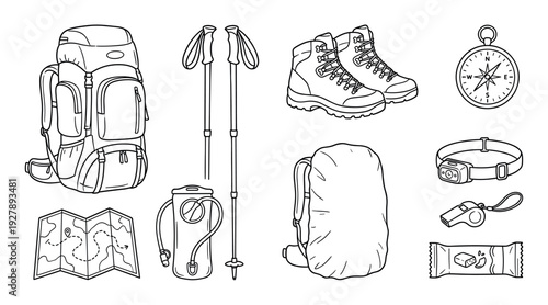 Set of hiking equipment illustrations including a backpack, boots, compass, map, and trekking poles in a simple black and white line art style for outdoor adventure concepts