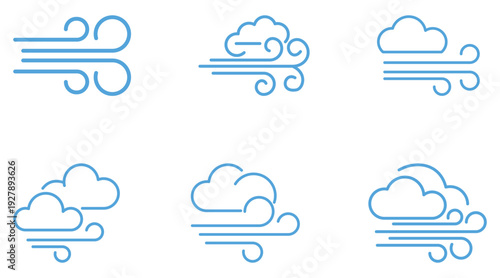 Set of blue weather icons depicting various wind and cloud conditions on Vector illustration.