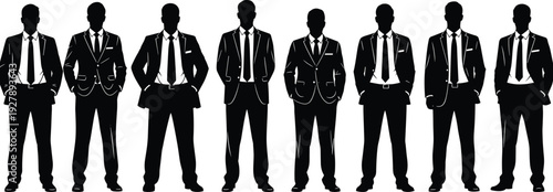 Professional business men silhouettes in formal black suits and ties standing in a row for corporate teamwork leadership and successful management concepts