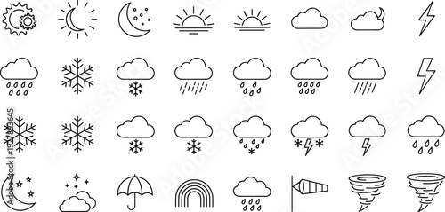 Weather Forecast Line Icon Set with Sun Moon Clouds Rain Snow Wind Storm and Temperature Symbols for Mobile Apps, Websites, and Clean Vector Design]