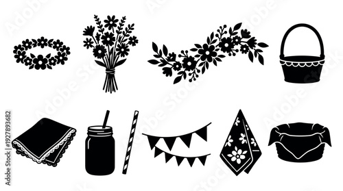 Set of black silhouette picnic icons including a basket, floral wreath, bouquet, mason jar, and bunting flags for a summer celebration or garden party design collection