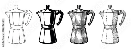 Four moka pot coffee maker illustrations in a set showing different artistic styles including line art, silhouette, detailed engraving, and stippling for a retro design element