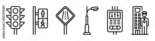 Set of six black line icons representing various urban life elements including a traffic light, pedestrian signal, road sign, lamppost, remote control, and a doorman