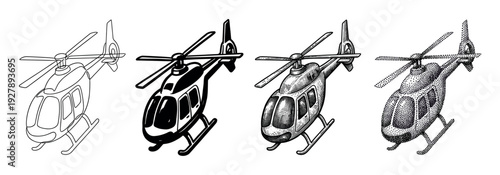 Four distinct black and white helicopter illustrations showcase diverse artistic styles, including continuous line art, bold graphic silhouette, intricate engraving, and detailed stipple shading
