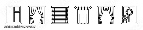 Set of six black outline icons showing various window treatments including curtains, drapes, and blinds, presented in a clean, minimalist linear vector illustration style