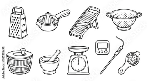 Collection of hand-drawn kitchen utensils including a grater, juicer, mandoline, colander, and scale in a black and white doodle style for culinary concepts