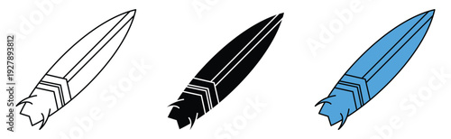 Set of surfboard icons in line silhouette and flat styles with blue color accents Vector illustration.