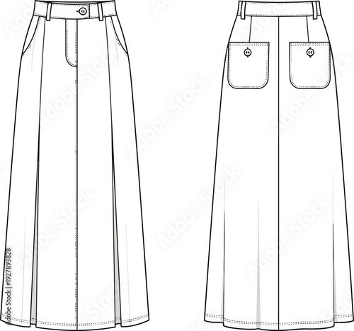 Women's high waisted maxi skirt with front double slits and buttoned back pockets technical flat sketch vector illustration, cad drawing flat vector illustration