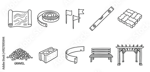 Collection of hand-drawn landscaping icons showing various tools and materials for garden design and construction, including a pergola, bench, pavers, and a spirit level