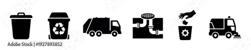 Set of black solid glyph icons representing waste management, recycling, and urban sanitation services, including a garbage truck, trash can, sweeper, and sewer drain