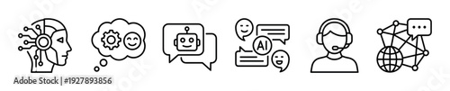 Six minimalist black line art icons representing artificial intelligence, chatbot technology, machine learning, customer support, and global communication networks