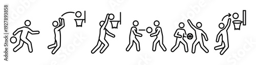 Set of black line icons depicting basketball players in various actions like dribbling, shooting, dunking, and defending, presented as a minimalist pictogram collection for sports themes