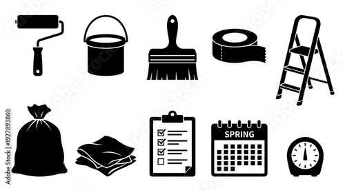 Collection of black silhouette icons representing spring cleaning and home improvement tools like a paint roller, brush, ladder, checklist, and calendar for DIY tasks