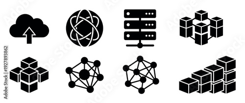 Collection of eight black technology icons representing cloud computing, servers, blockchain, and neural networks in a clean, minimalist graphic style for web design