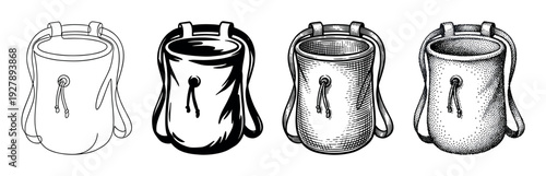 Four black and white chalk bag illustrations for rock climbing presented in a row, featuring diverse artistic styles from simple outline and solid fill to detailed hatching and stippling