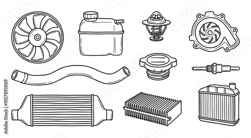Hand-drawn set of car cooling system parts including a radiator, fan, pump, and thermostat in a black and white line art illustration style, showing various components for vehicle repair