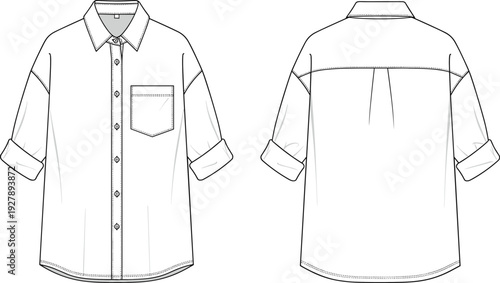 Women's oversized button down long sleeve shirt with chest pocket technical flat sketch vector illustration, garment cad drawing fashion design template