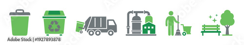 Waste management and recycling icon set showing a trash can, garbage truck, processing plant, and city cleaning services in a flat, minimalist vector style illustration