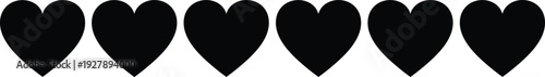 Row of black heart silhouette icons representing love, romance, affection, and emotional symbols isolated on white background for Valentine, wedding, and 