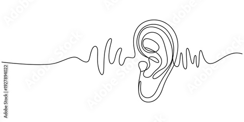 One continuous line drawing of human ear . Single line of human ear vector illustration, Human ear one continuous line. Hearing aid in human ear continuous one line drawing. Hearing device