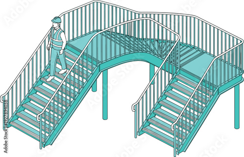 Isometric industrial steel staircase illustration with a construction worker wearing safety gear walking on a teal metal bridge walkway for site access engineering.